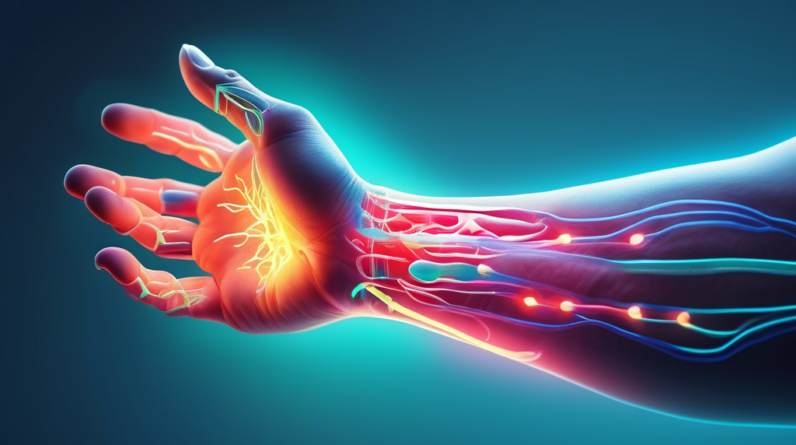 A hand with glowing nerves, a scalpel hovering above the wrist, anatomical view, overlay of benefits and risks.