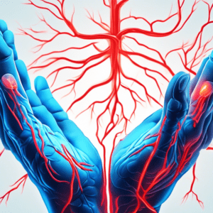 A hand with glowing blue nerves, with one nerve pinched and glowing red, in the style of a medical illustration.