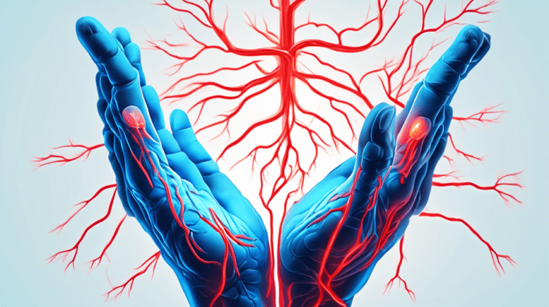 A hand with glowing blue nerves, with one nerve pinched and glowing red, in the style of a medical illustration.