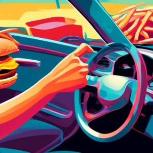 A hand with swollen fingers struggles to grip a steering wheel, a burger and fries visible in the cupholder.