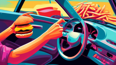 A hand with swollen fingers struggles to grip a steering wheel, a burger and fries visible in the cupholder.