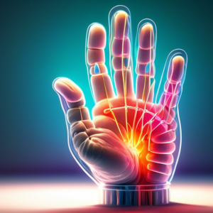 Acupuncture needles placed in glowing hand with carpal tunnel syndrome, anatomical view, soft lighting