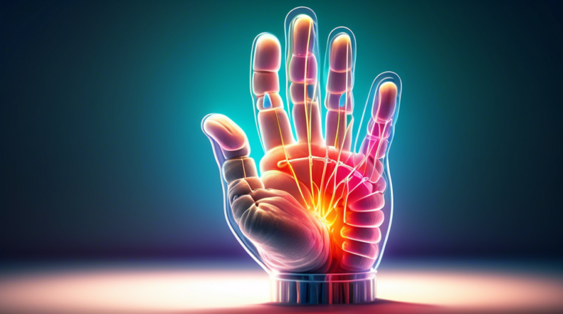 Acupuncture needles placed in glowing hand with carpal tunnel syndrome, anatomical view, soft lighting