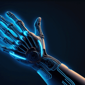 A robotic hand with glowing blue lines representing ultrasound waves targeting the wrist's carpal tunnel, set against a dark background.