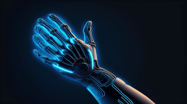 A robotic hand with glowing blue lines representing ultrasound waves targeting the wrist's carpal tunnel, set against a dark background.