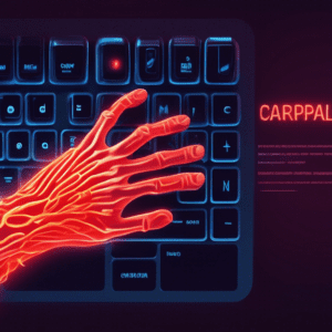 A hand with glowing red nerves, pressing on a keyboard with the words Carpal Tunnel Syndrome hovering above.