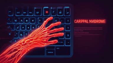 A hand with glowing red nerves, pressing on a keyboard with the words Carpal Tunnel Syndrome hovering above.