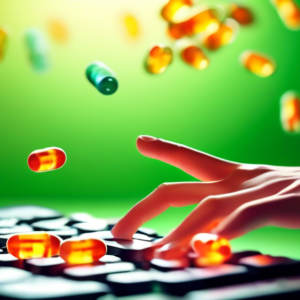 A hand reaching out from a computer keyboard, surrounded by glowing vitamin B6 capsules, with a green, natural background.