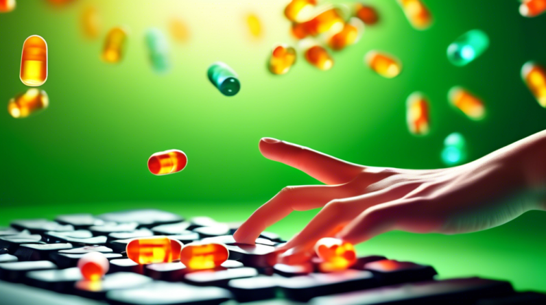 A hand reaching out from a computer keyboard, surrounded by glowing vitamin B6 capsules, with a green, natural background.