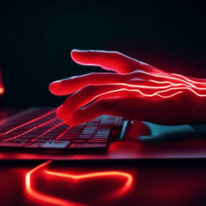 A hand with glowing red lines illustrating carpal tunnel syndrome reaching towards a computer keyboard in a dimly lit office.