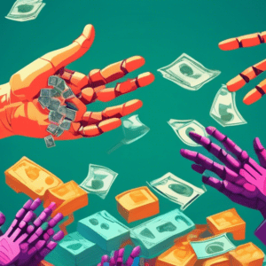 A futuristic medical graph illustrating the projected growth of the carpal tunnel syndrome market, with robotic hands reaching for a pile of money.