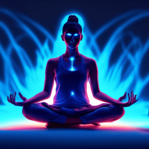 A person with glowing blue wrists doing a yoga pose in front of a laptop.