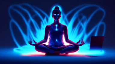 A person with glowing blue wrists doing a yoga pose in front of a laptop.