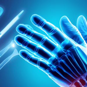 A surgeon's hand in blue gloves holding surgical instruments over a glowing, x-ray image of a wrist with carpal tunnel syndrome highlighted. A banner across the top reads Updated Guidelines.