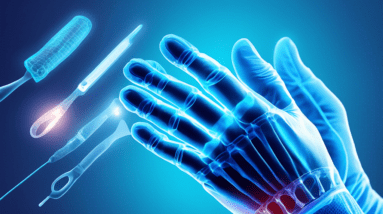 A surgeon's hand in blue gloves holding surgical instruments over a glowing, x-ray image of a wrist with carpal tunnel syndrome highlighted. A banner across the top reads Updated Guidelines.