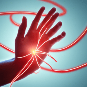 A hand with glowing red lines illustrating carpal tunnel syndrome, with the Baylor College of Medicine logo in the background.