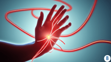 A hand with glowing red lines illustrating carpal tunnel syndrome, with the Baylor College of Medicine logo in the background.