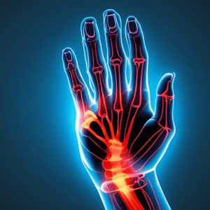 A hand with glowing red lines illustrating carpal tunnel syndrome, overlaid with a transparent medical x-ray of a wrist and hand.