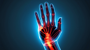 A hand with glowing red lines illustrating carpal tunnel syndrome, overlaid with a transparent medical x-ray of a wrist and hand.