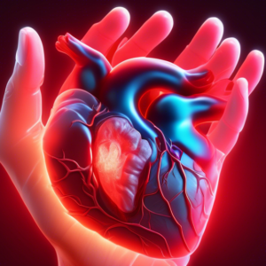 A hand with glowing red carpal tunnel tendons holding a translucent, anatomical heart with glowing red amyloid deposits.