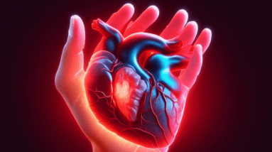 A hand with glowing red carpal tunnel tendons holding a translucent, anatomical heart with glowing red amyloid deposits.