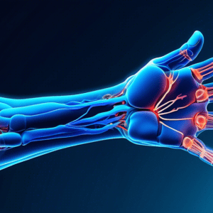 A hand with glowing blue outlines of tendons and nerves experiencing pain, overlaid with a magnifying glass focusing on the carpal tunnel area.