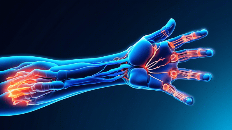 A hand with glowing blue outlines of tendons and nerves experiencing pain, overlaid with a magnifying glass focusing on the carpal tunnel area.