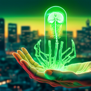 A hand with glowing green outlines of bones and nerves, holding a shining vitamin D capsule with a cityscape in the background.