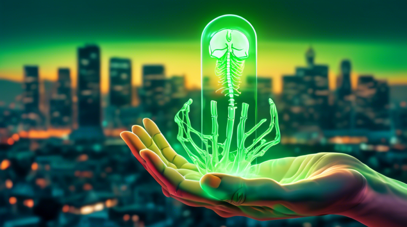 A hand with glowing green outlines of bones and nerves, holding a shining vitamin D capsule with a cityscape in the background.