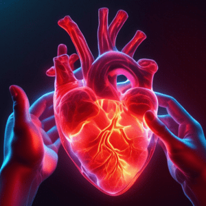 A hand with glowing red carpal tunnel tendons holding a translucent, anatomical human heart with glowing red amyloid protein deposits.