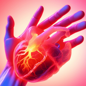 A hand with glowing red carpal tunnel tendons holding a translucent, anatomical heart with glowing red amyloid deposits.