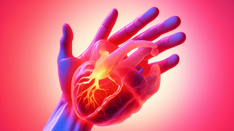 A hand with glowing red carpal tunnel tendons holding a translucent, anatomical heart with glowing red amyloid deposits.