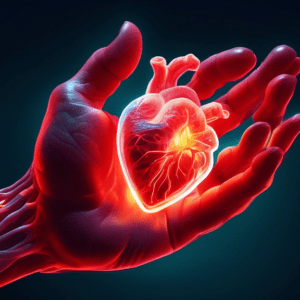 A hand with glowing red carpal tunnel tendons holding a translucent, anatomical heart with glowing red amyloid deposits.