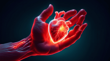 A hand with glowing red carpal tunnel tendons holding a translucent, anatomical heart with glowing red amyloid deposits.