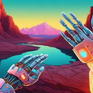 A robotic arm delicately performing surgery on a glowing, intricate human hand with a mountainous Utah landscape in the background.