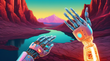 A robotic arm delicately performing surgery on a glowing, intricate human hand with a mountainous Utah landscape in the background.