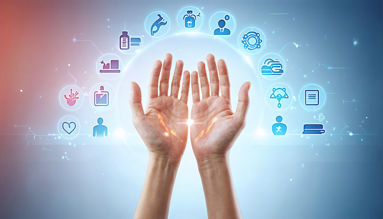 Create an image that depicts a pair of hands with subtle, varied symptoms such as mild swelling, redness, and slight tremors. Surround the hands with a halo of icons representing different medical con