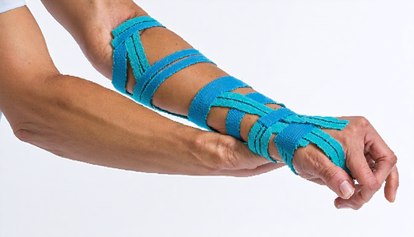 Create an image depicting an innovative application of kinesio tape for carpal tunnel syndrome relief. The scene should show a close-up of a person's forearm and hand, with intricate, colorful kinesio