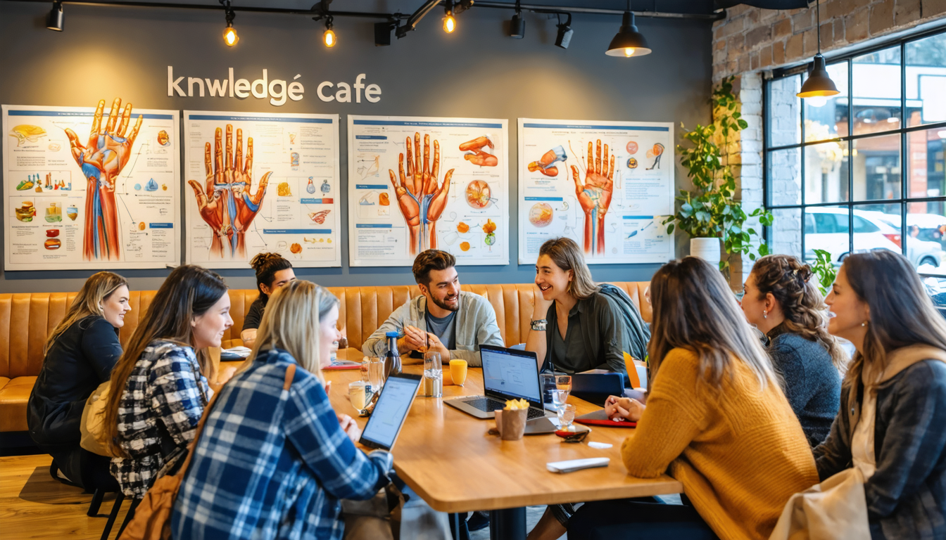 Create an image depicting a warm and inviting café setting, where patrons are seated at tables engaged in discussions and presentations about carpal tunnel syndrome. Decorate the café with educational