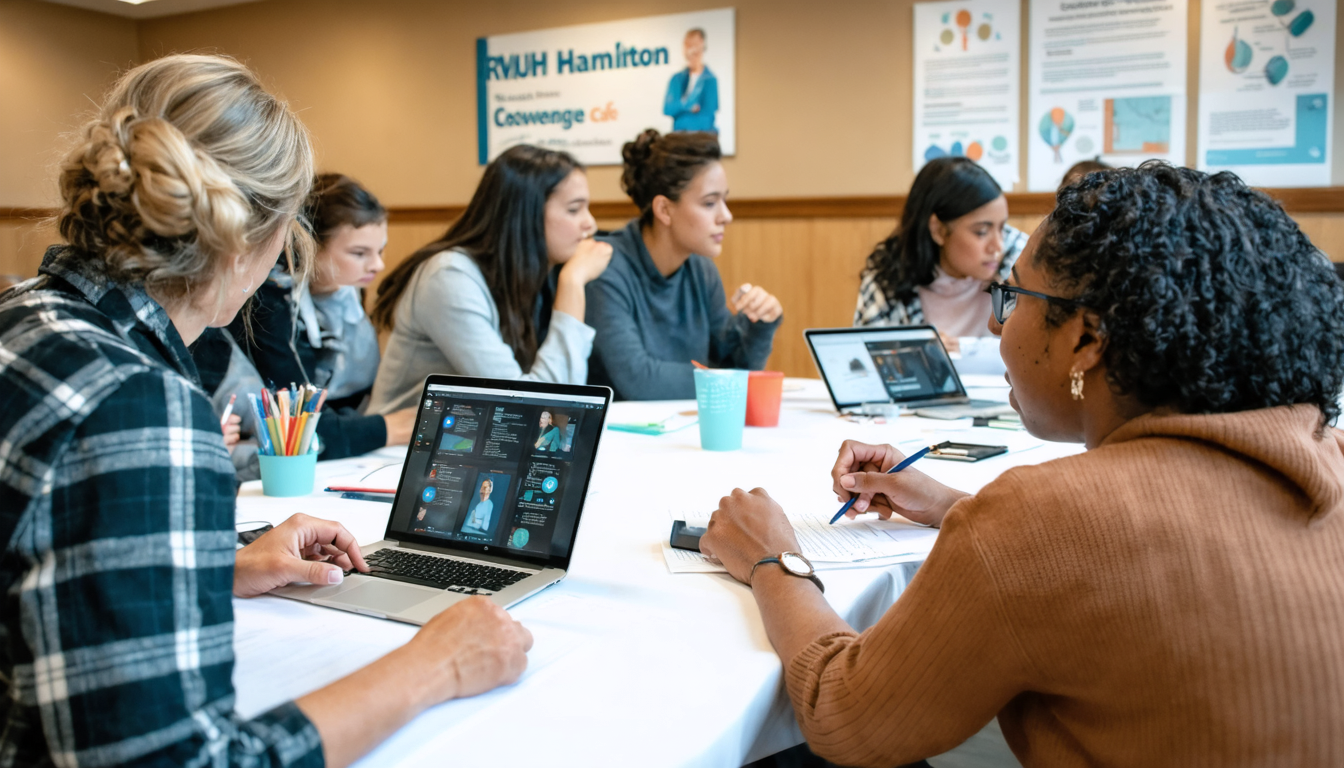 Create an image depicting a cozy knowledge café setting where people are gathered around tables engaging in discussions about carpal tunnel syndrome. Include a variety of diverse individuals, some usi