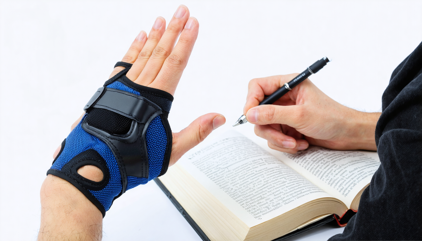 Create a detailed image of a modern and comfortable orthopedic-approved carpal tunnel brace designed for wrist support. The brace should appear innovative, featuring advanced breathable materials and